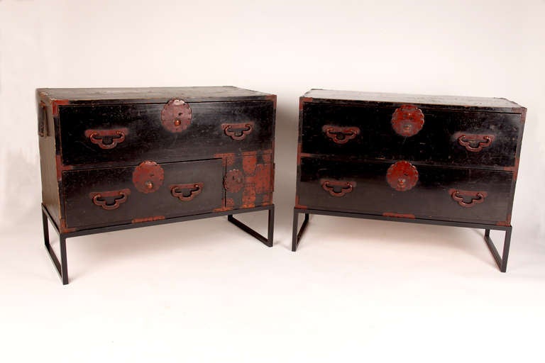 Japanese One-Piece Tansu with Red Handles