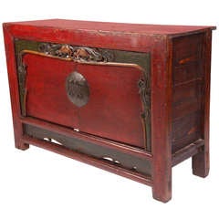 Red Lacquer Side Chest with Carving
