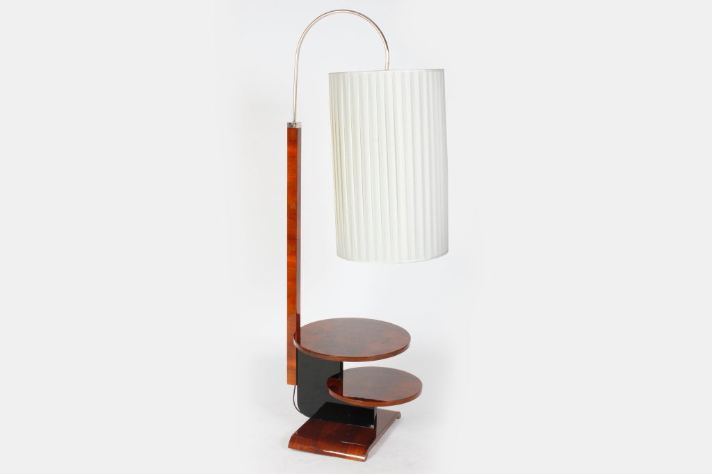 Veneer Pair of Art Deco Arc Floor Lamps with Two-Tiered Shelves