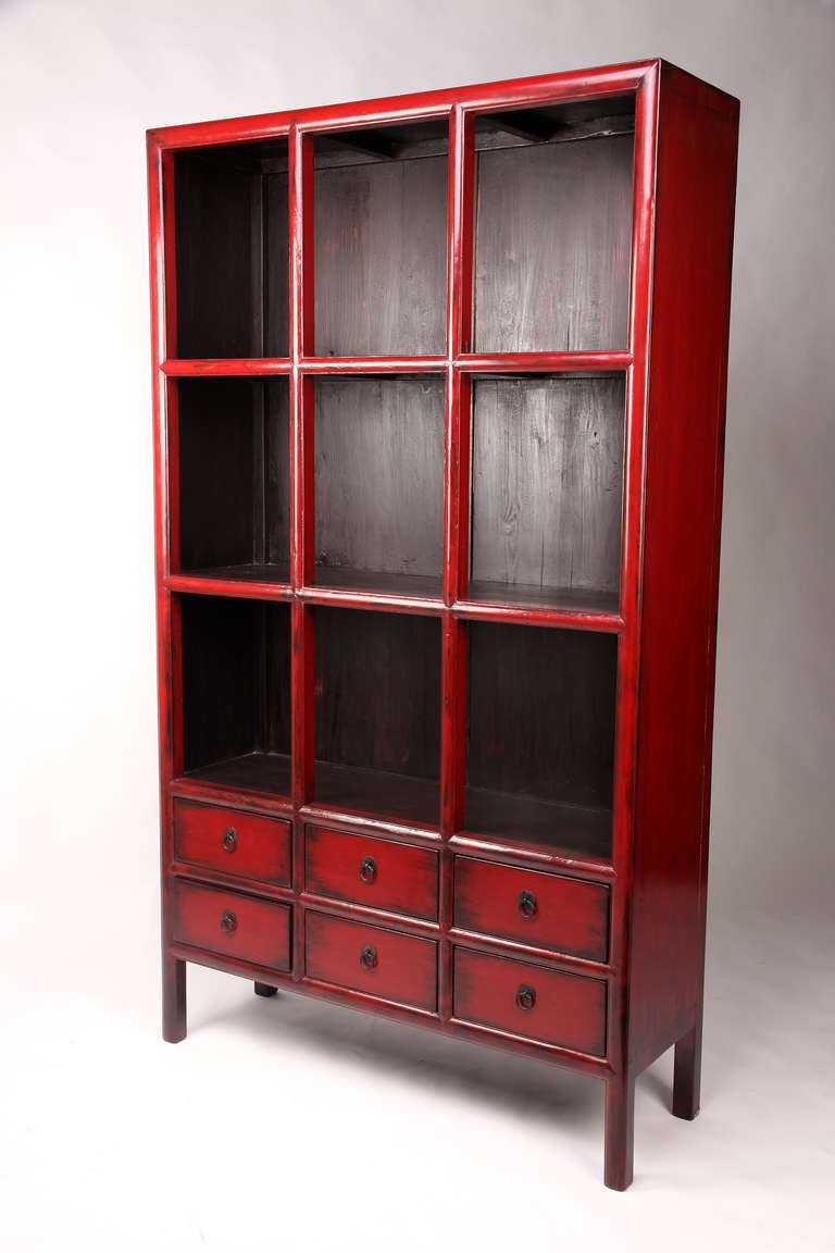 Chinese 19th Century Red Lacquer Display Cabinet with 6 Drawers with Restoration