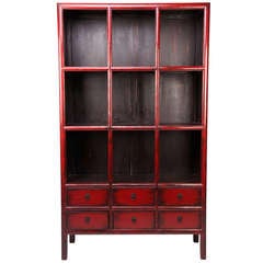 19th Century Red Lacquer Display Cabinet with 6 Drawers with Restoration