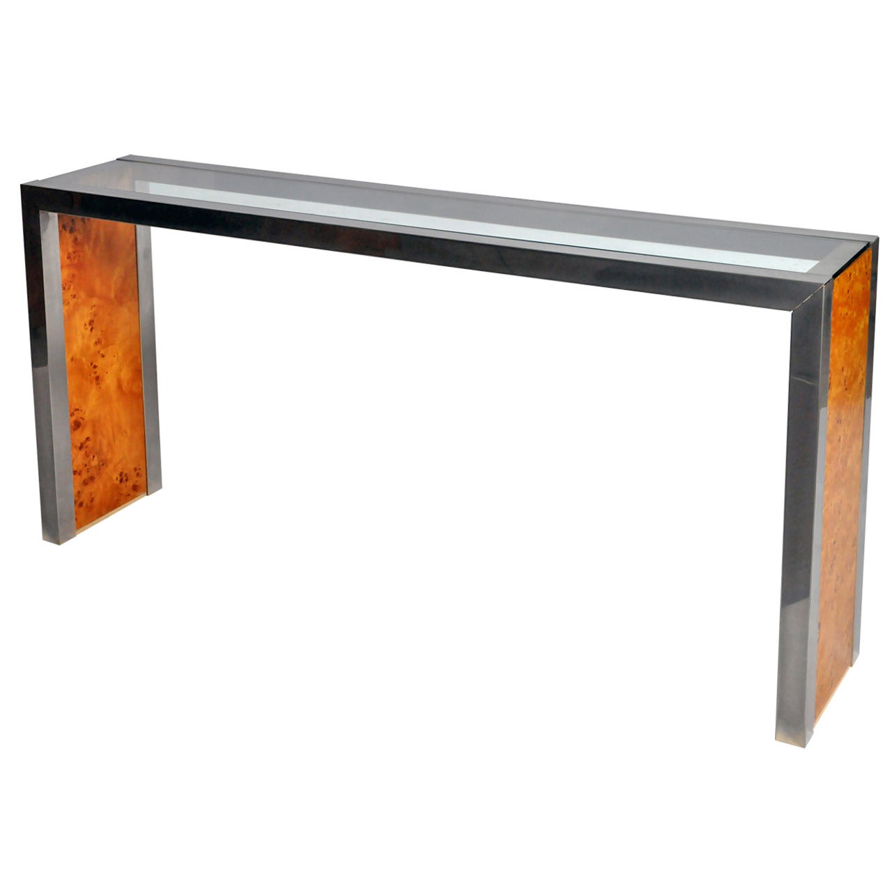 Vintage Chrome, Wood and Glass Console Table