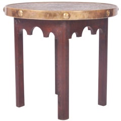 Antique Round Side Table with Hammered Brass Top