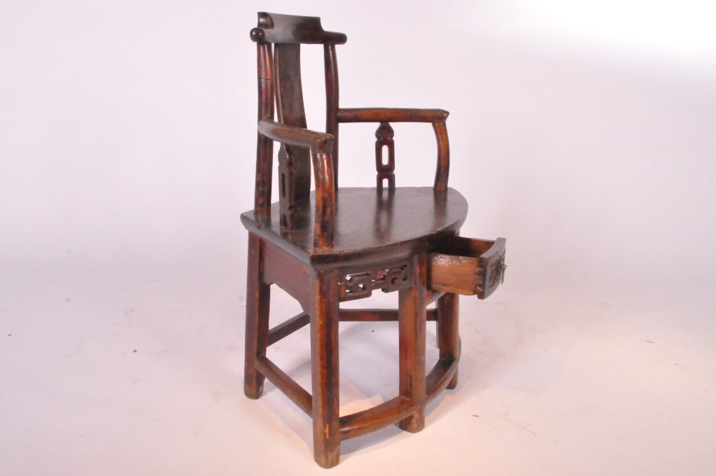 Chinese Fan-Shaped Arm Chair with Curved Back Panel and Drawer