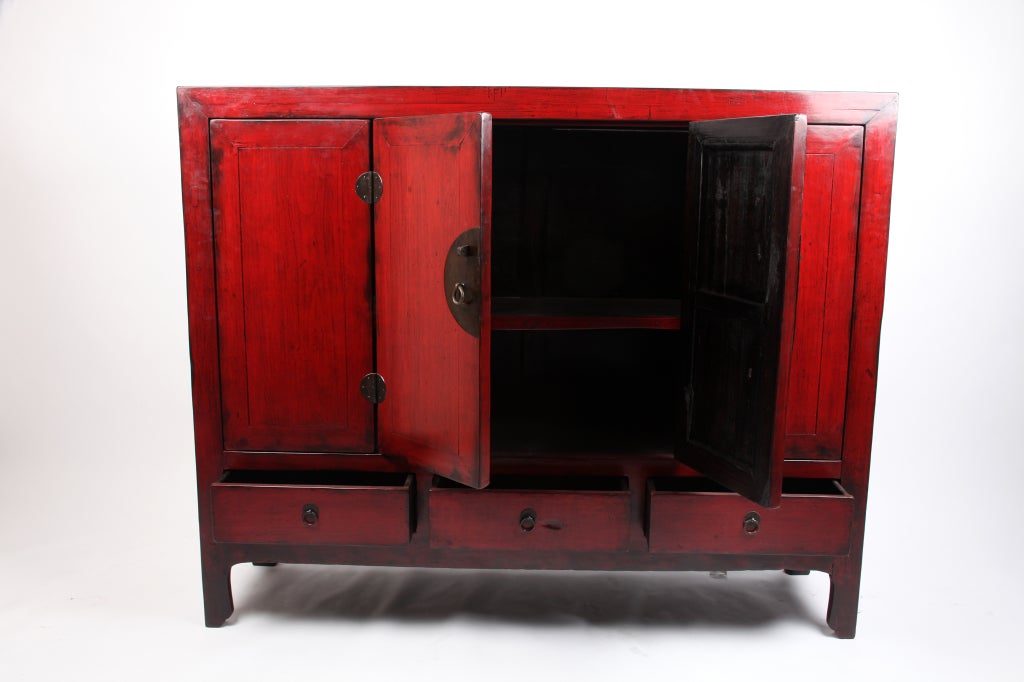 Chinese Red Lacquered Cabinet with 4 Doors & 3 Drawers In Excellent Condition In Chicago, IL