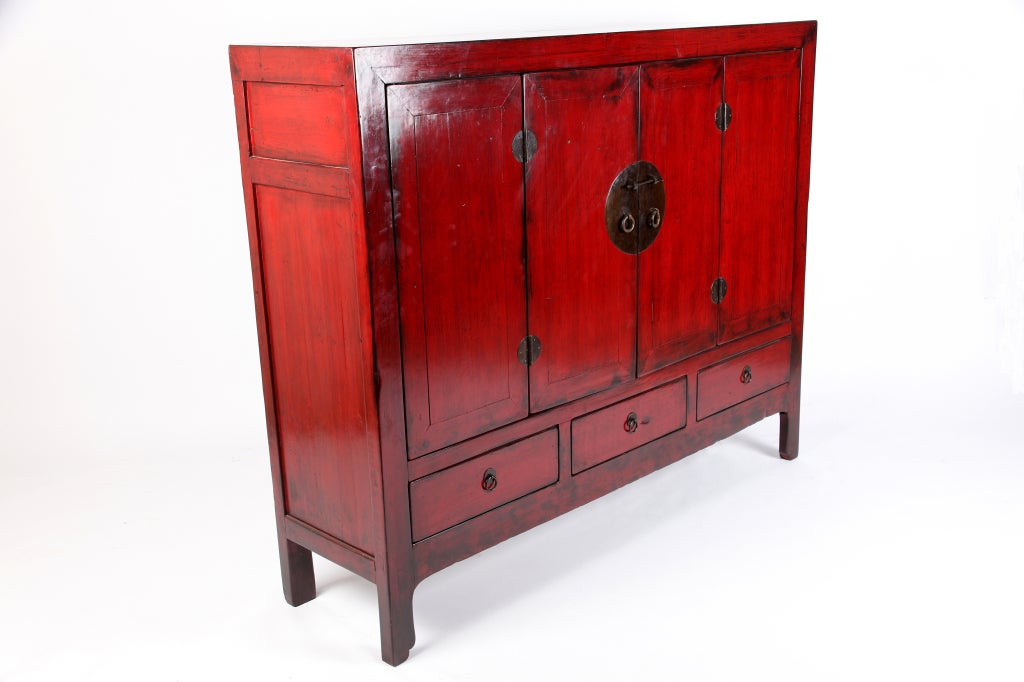 19th Century Chinese Red Lacquered Cabinet with 4 Doors & 3 Drawers