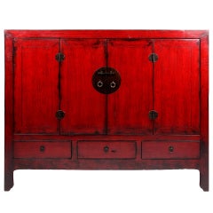 Antique Chinese Red Lacquered Cabinet with 4 Doors & 3 Drawers