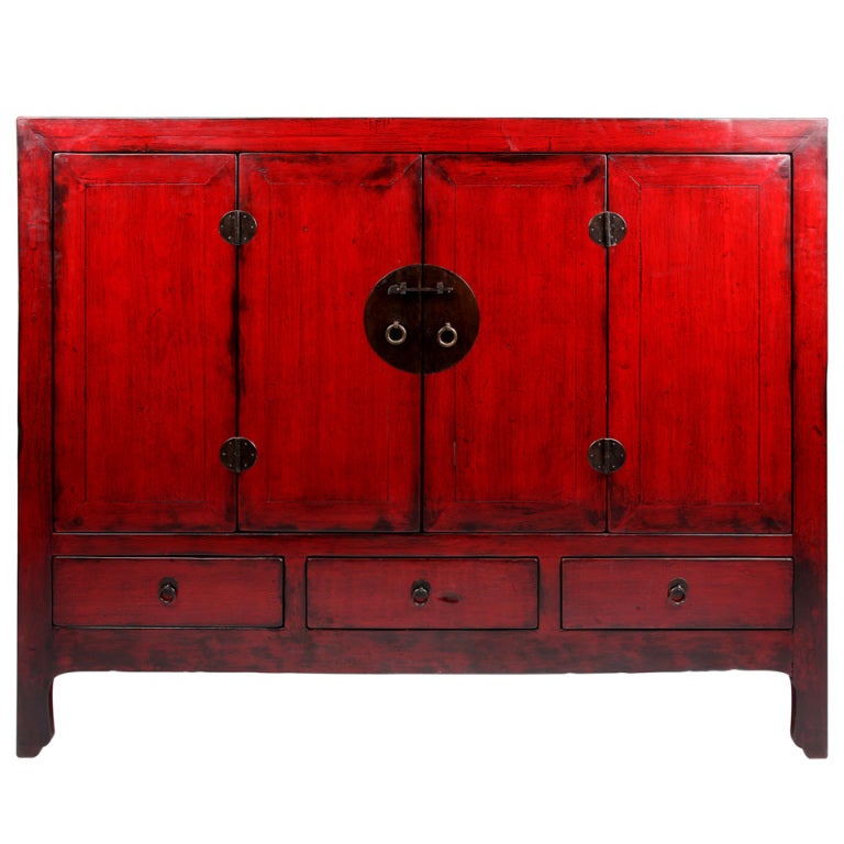Chinese Red Lacquered Cabinet with 4 Doors & 3 Drawers