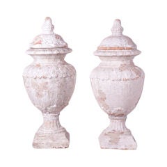 Pair of French Terra Cotta Painted Urns with Lids
