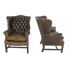 Exceptional Pair of Leather Wingback Chairs
