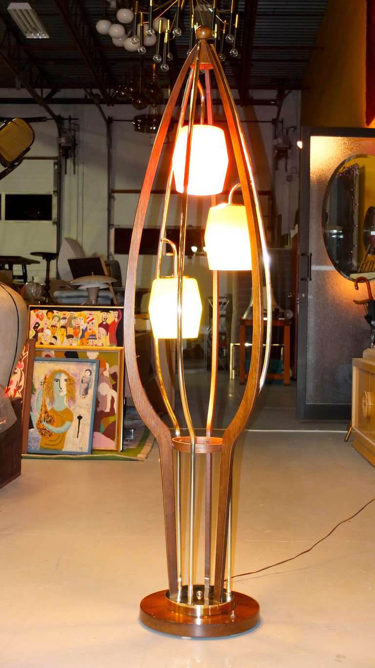 1960's Brass, Walnut & Colored Glass Birdcage Floor Lamp For Sale 2