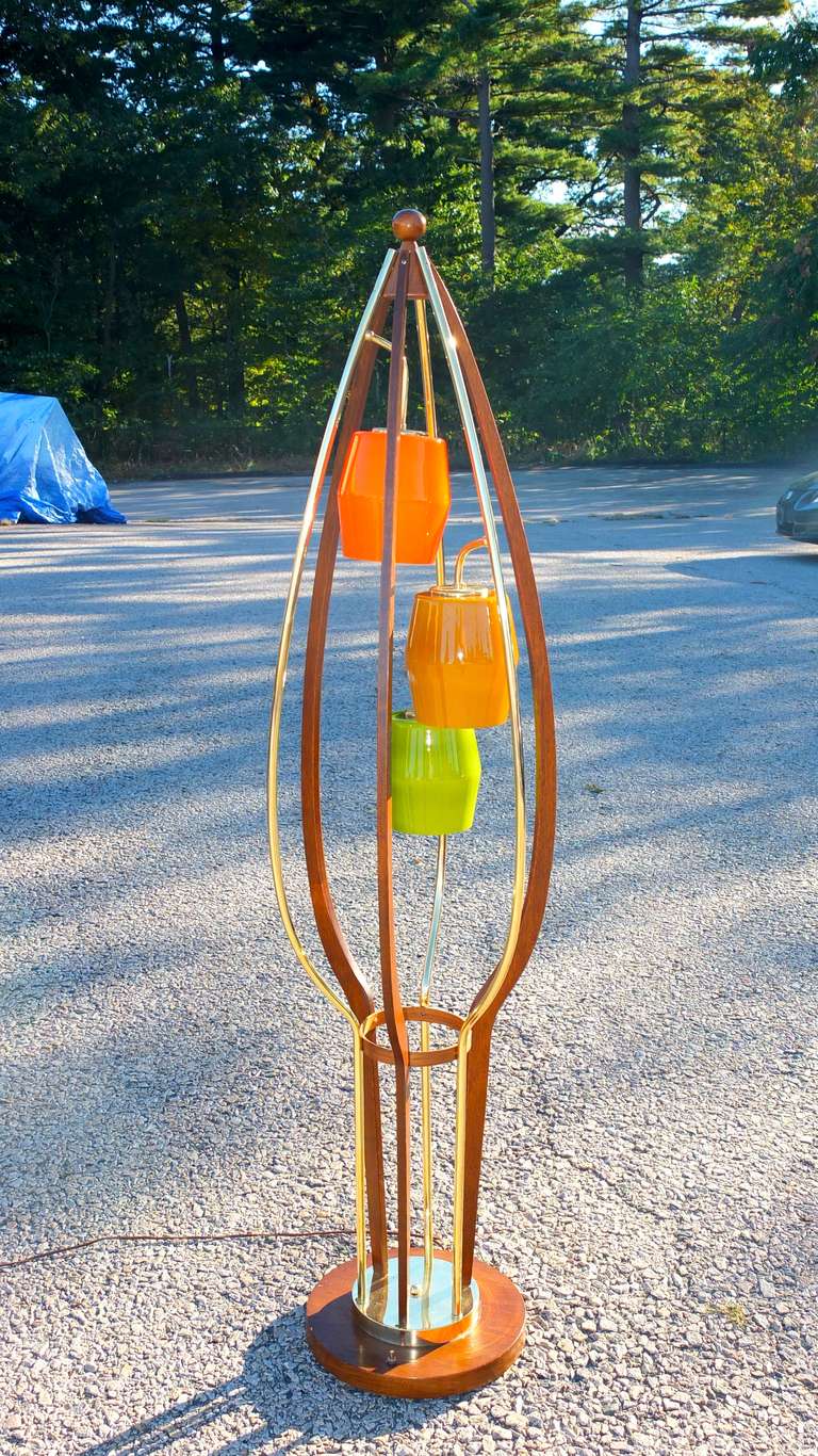 Mid-Century Modern 1960's Brass, Walnut & Colored Glass Birdcage Floor Lamp For Sale