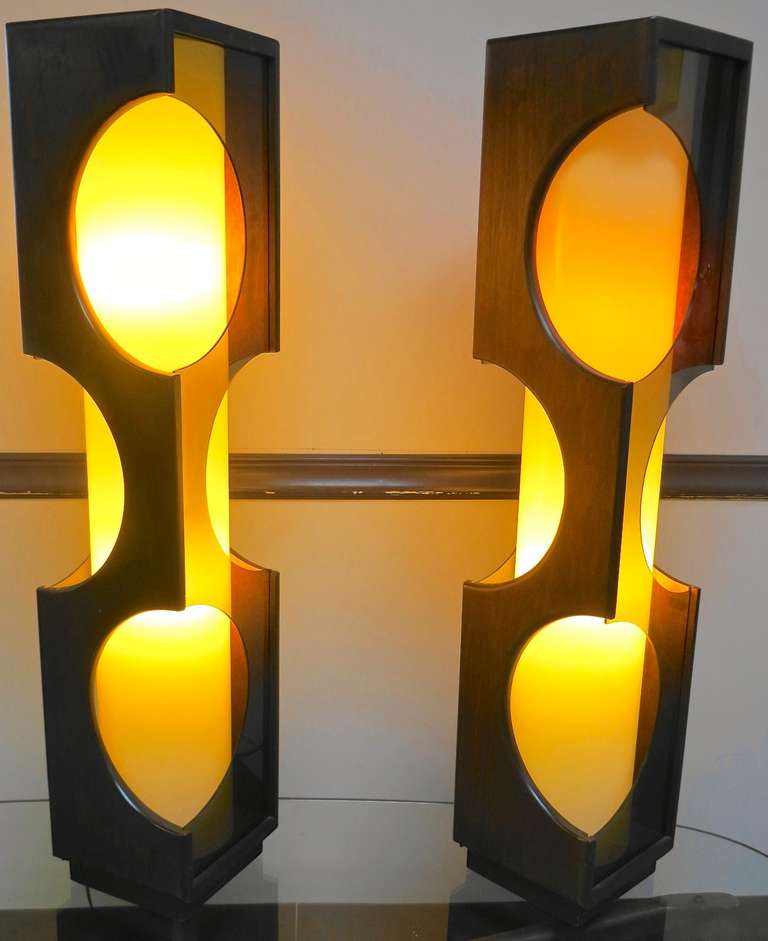 Mid-20th Century Pair of Space Age Rosewood & Smoked Lucite Lamps