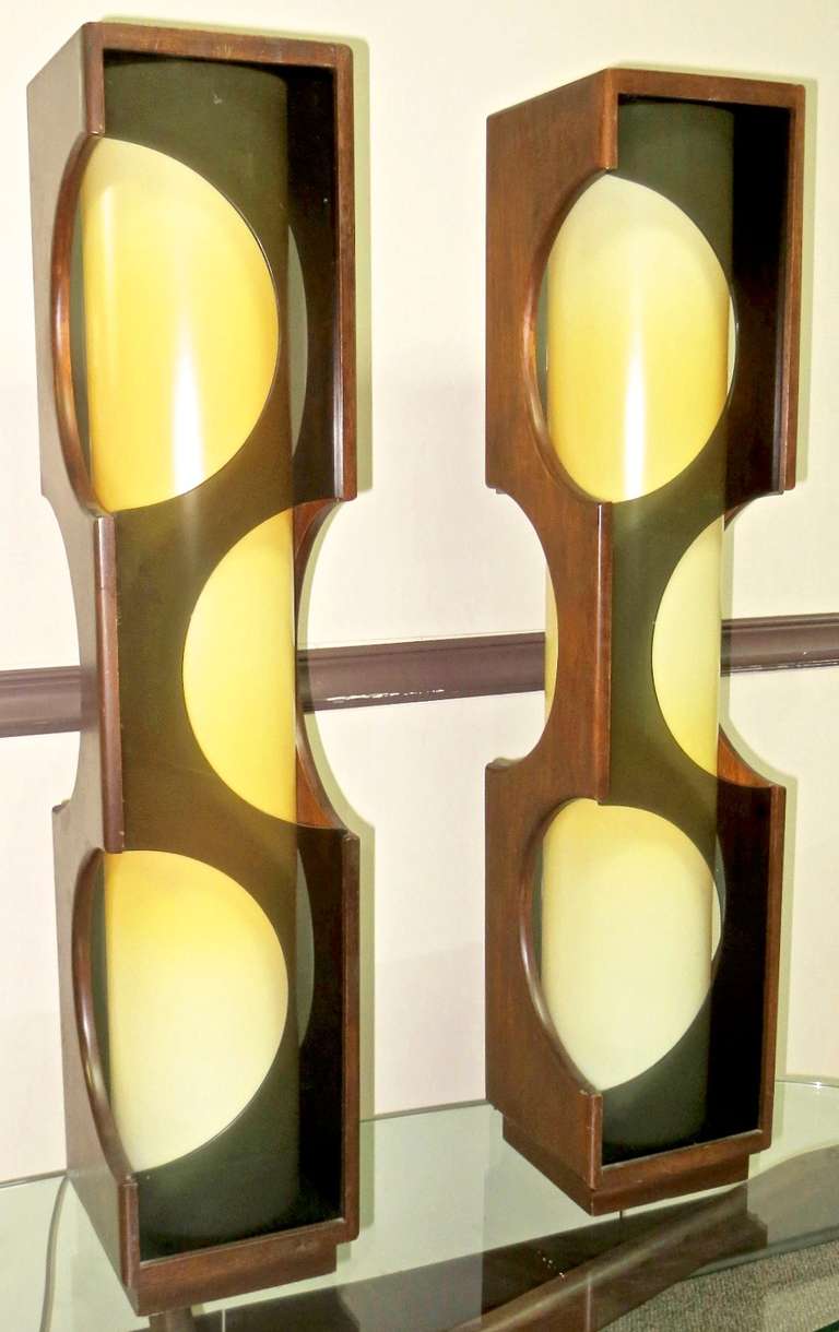 Mid-Century Modern Pair of Space Age Rosewood & Smoked Lucite Lamps