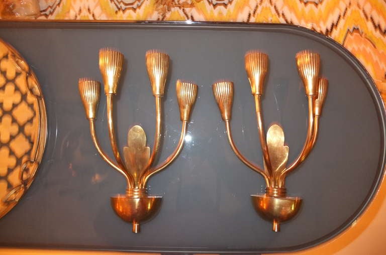 Pair of 1950's Italian Brass Candelabra Sconces In Excellent Condition For Sale In Hanover, MA
