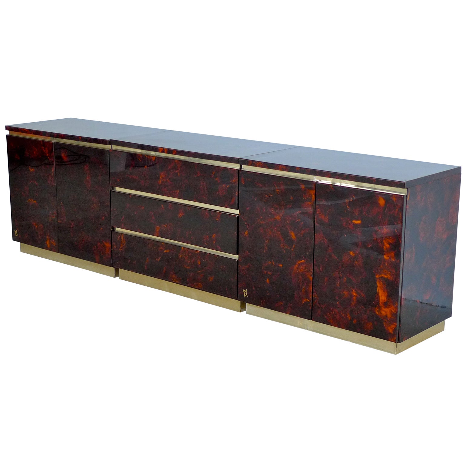 French 1970's Tortoise Lacquer & Brass Credenza in Three Sections