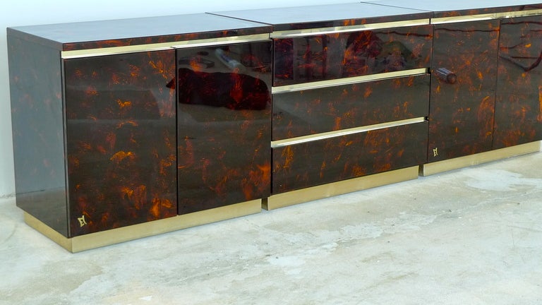 French 1970's Tortoise Lacquer & Brass Credenza in Three Sections In Good Condition In Hanover, MA