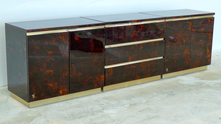 Late 20th Century French 1970's Tortoise Lacquer & Brass Credenza in Three Sections