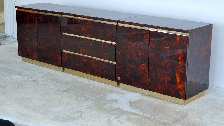 French 1970's Tortoise Lacquer & Brass Credenza in Three Sections 1