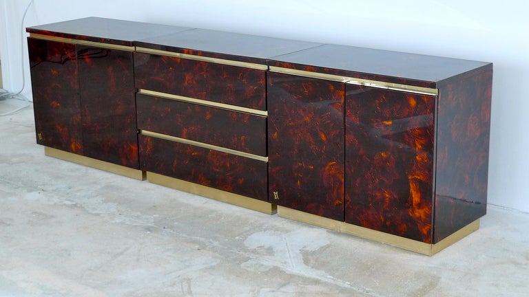 French 1970's Tortoise Lacquer & Brass Credenza in Three Sections 2