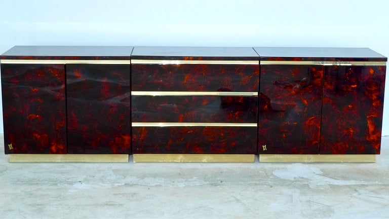 French 1970's Tortoise Lacquer & Brass Credenza in Three Sections 3