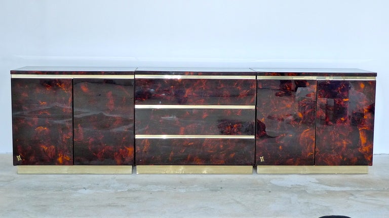 French 1970's Tortoise Lacquer & Brass Credenza in Three Sections 4