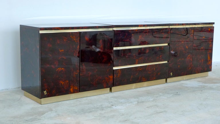 French 1970's Tortoise Lacquer & Brass Credenza in Three Sections 5