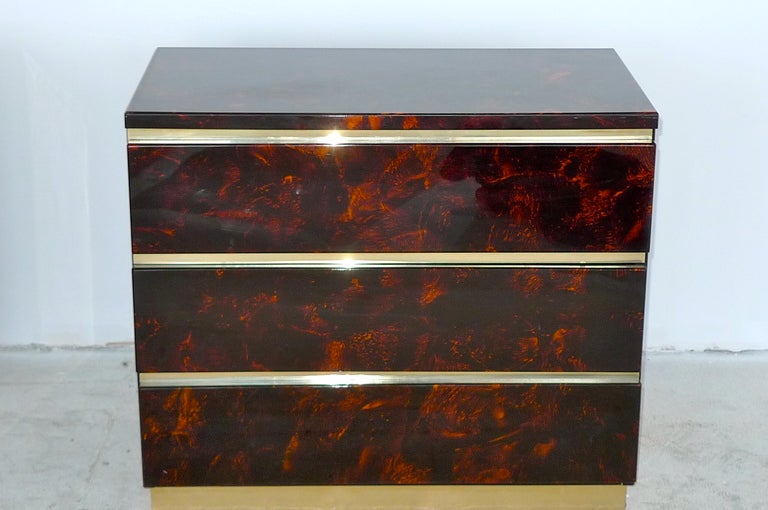 1970's French Tortoise Lacquer & Brass 3 Drawer Commode