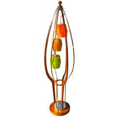 1960's Brass, Walnut & Colored Glass Birdcage Floor Lamp