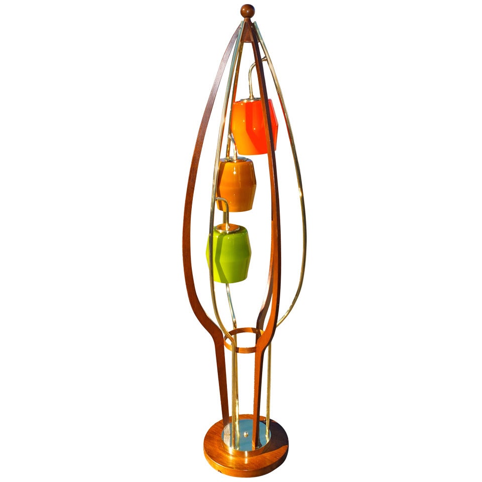 1960's Brass, Walnut & Colored Glass Birdcage Floor Lamp For Sale