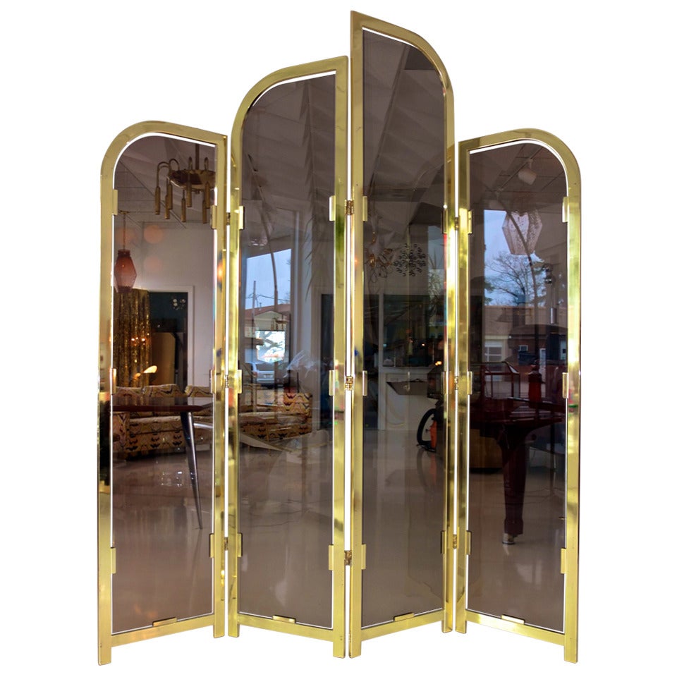 Brass & Smoked Glass Four Panel Folding Floor Screen DIA