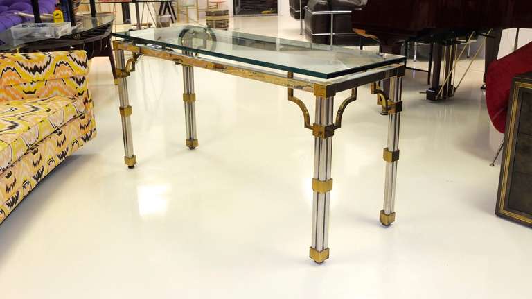 Stainless Steel, Brass and Glass Console Table In Excellent Condition In Hanover, MA