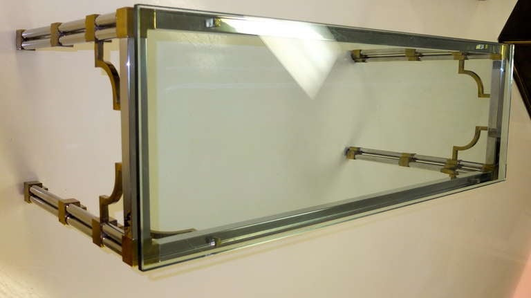 Mid-Century Modern Stainless Steel, Brass and Glass Console Table