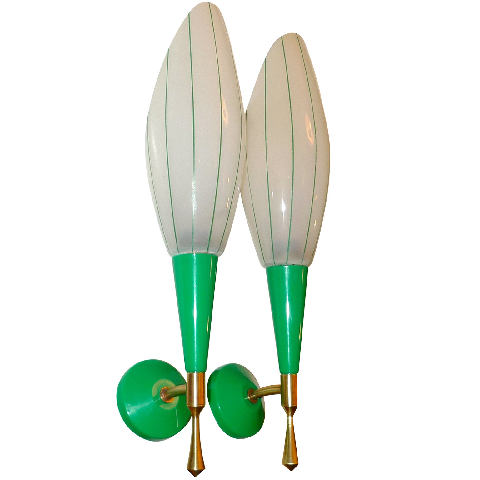 Pair of French 1960's Green, Brass & Satin Glass Sconces