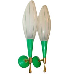 Pair of French 1960's Green, Brass & Satin Glass Sconces