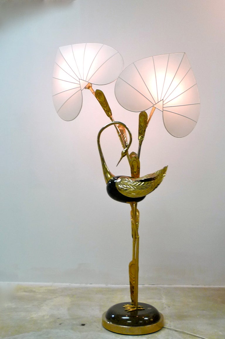 Antonio Pavia Brass Egret Floor Lamp with Leaf Form Shades