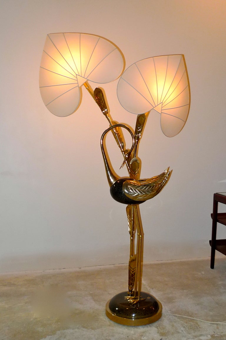 Italian Antonio Pavia Brass Egret Floor Lamp with Leaf Form Shades