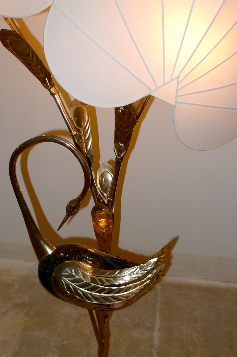 Antonio Pavia Brass Egret Floor Lamp with Leaf Form Shades In Excellent Condition In Hanover, MA