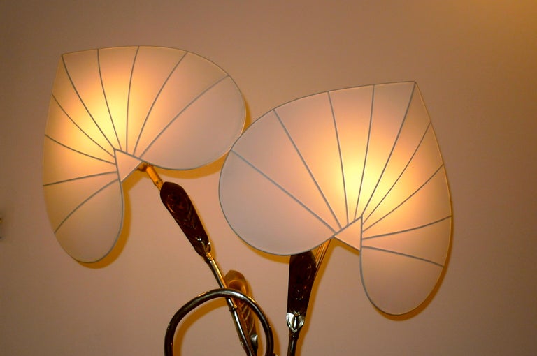20th Century Antonio Pavia Brass Egret Floor Lamp with Leaf Form Shades