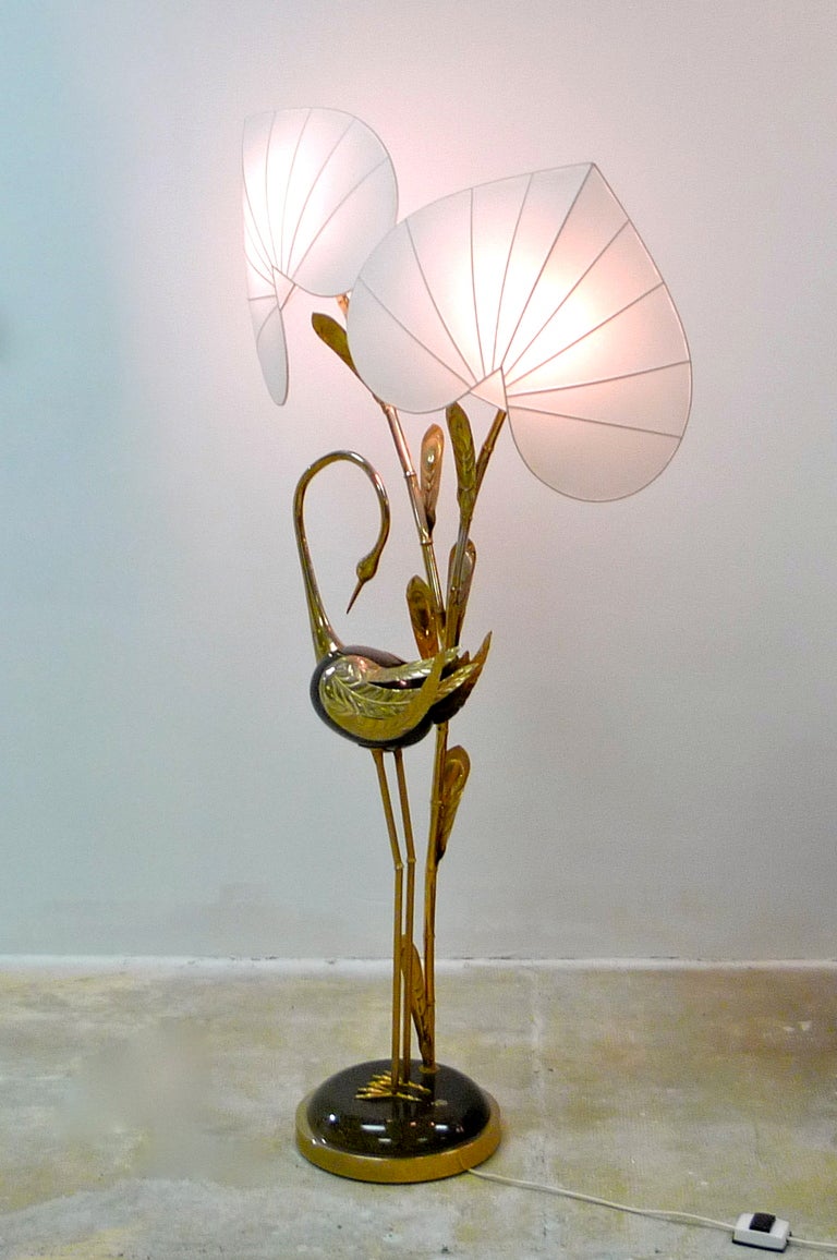 Antonio Pavia Brass Egret Floor Lamp with Leaf Form Shades 3