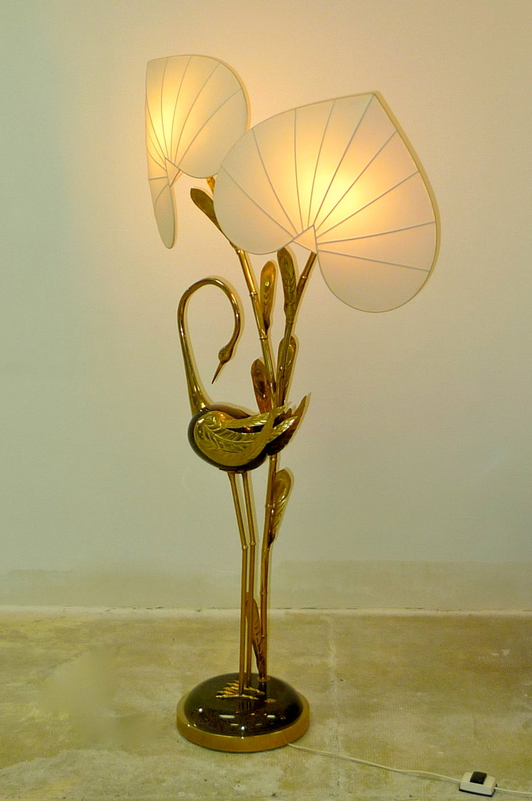Antonio Pavia Brass Egret Floor Lamp with Leaf Form Shades 4