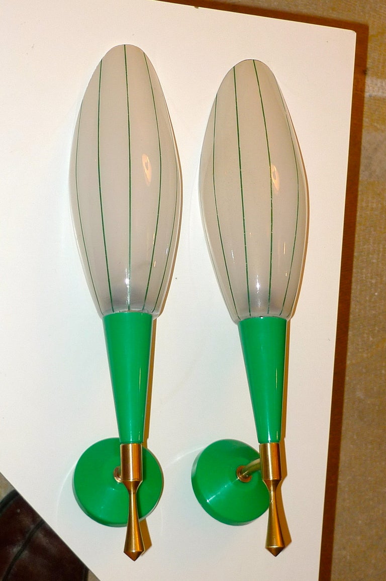 Mid-Century Modern Pair of French 1960's Green, Brass & Satin Glass Sconces