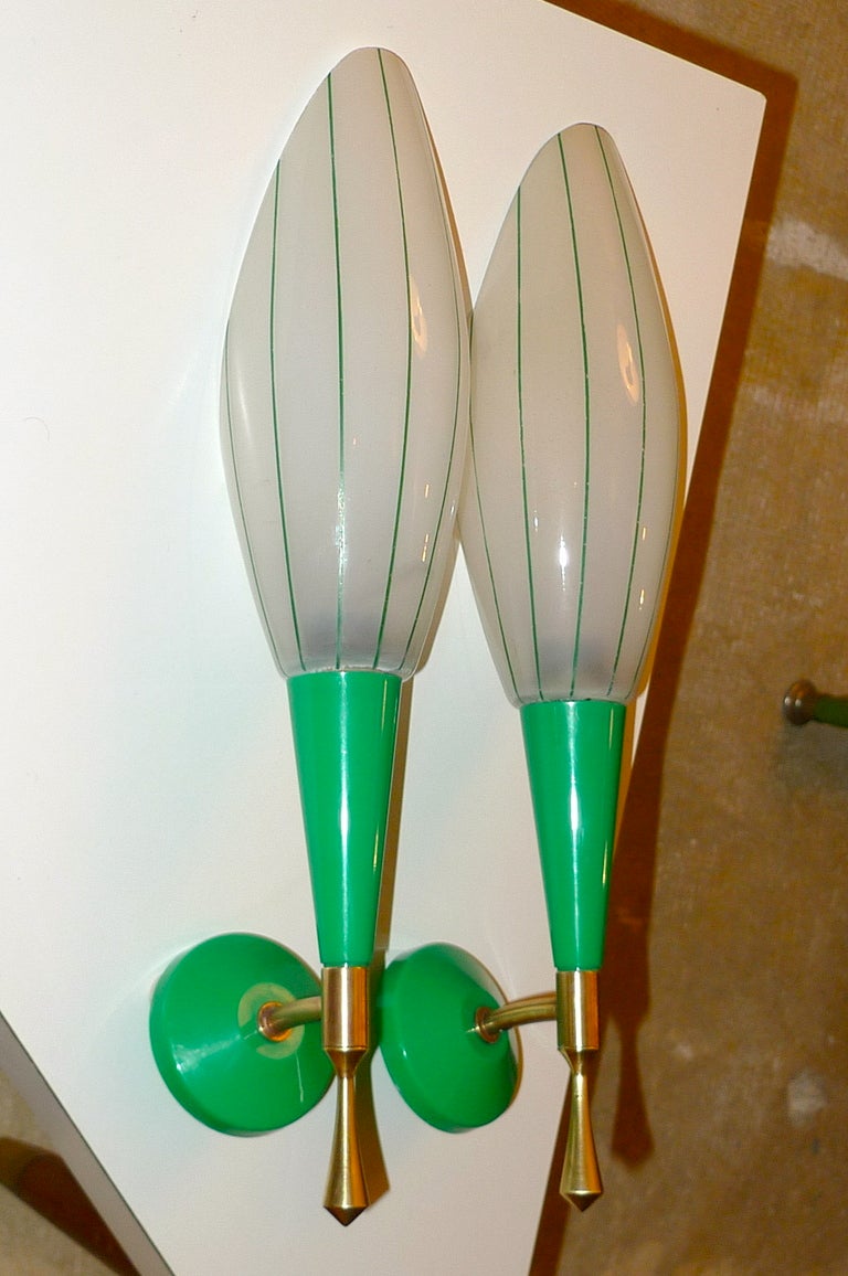 Pair of French 1960's Green, Brass & Satin Glass Sconces In Excellent Condition In Hanover, MA