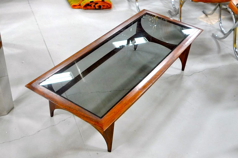 Sculptural Walnut Cocktail Table with Smoked Glass Top In Excellent Condition In Hanover, MA