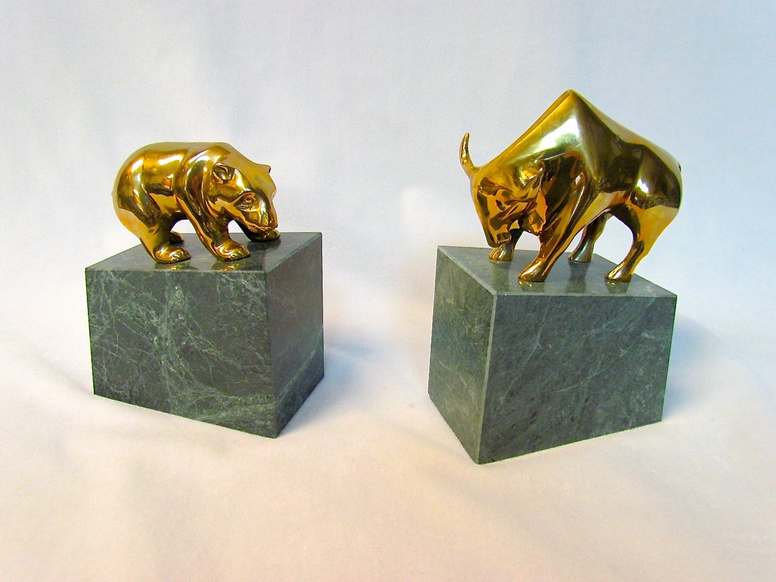 Bull and Bear Brass and Marble Bookends