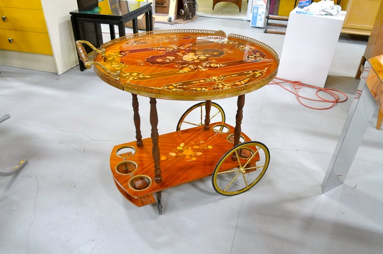 1960's Italian Marquetry Bar Cart In Excellent Condition In Hanover, MA