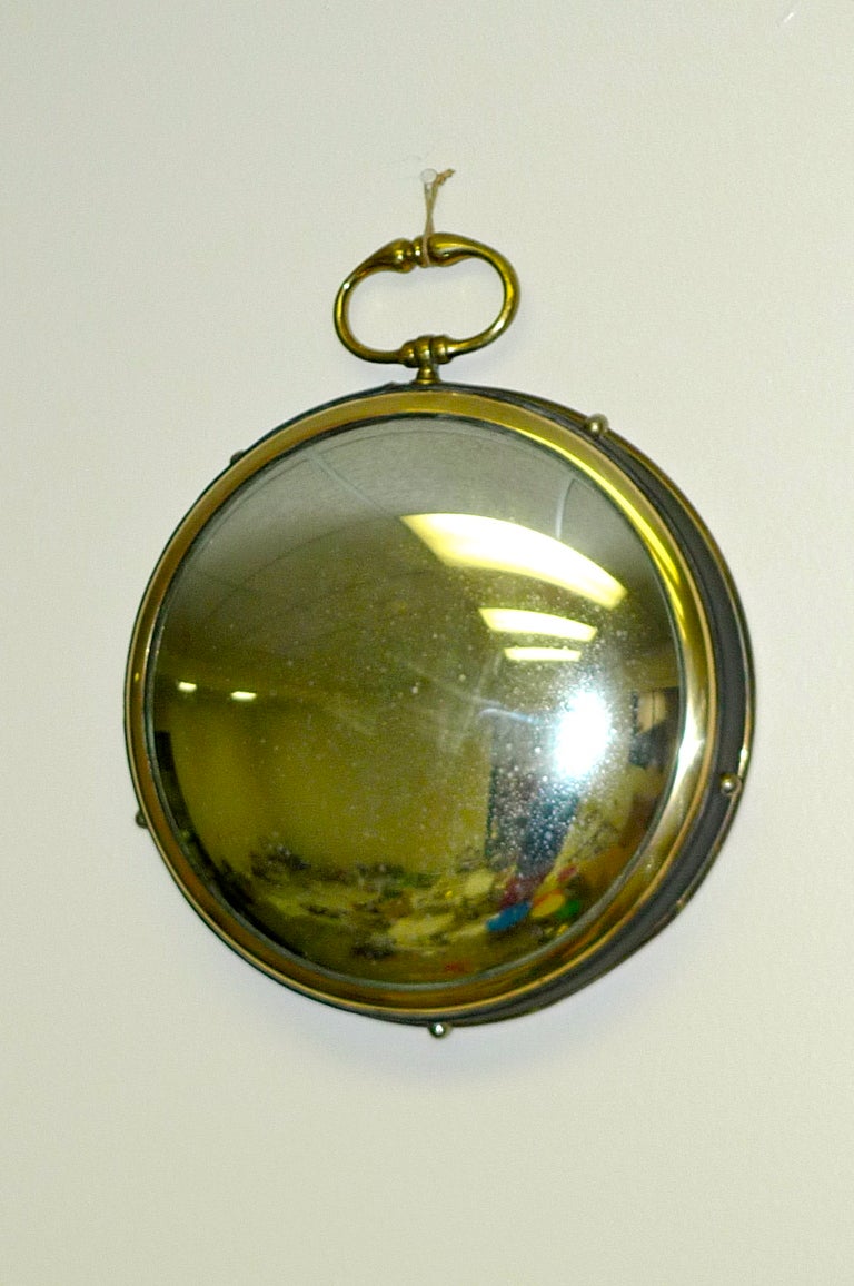French 1950's Brass & Leather Bound Convex Mirror In Good Condition In Hanover, MA