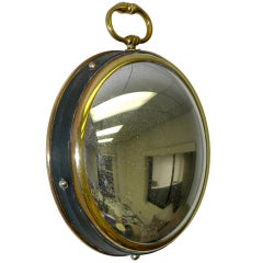 French 1950's Brass & Leather Bound Convex Mirror