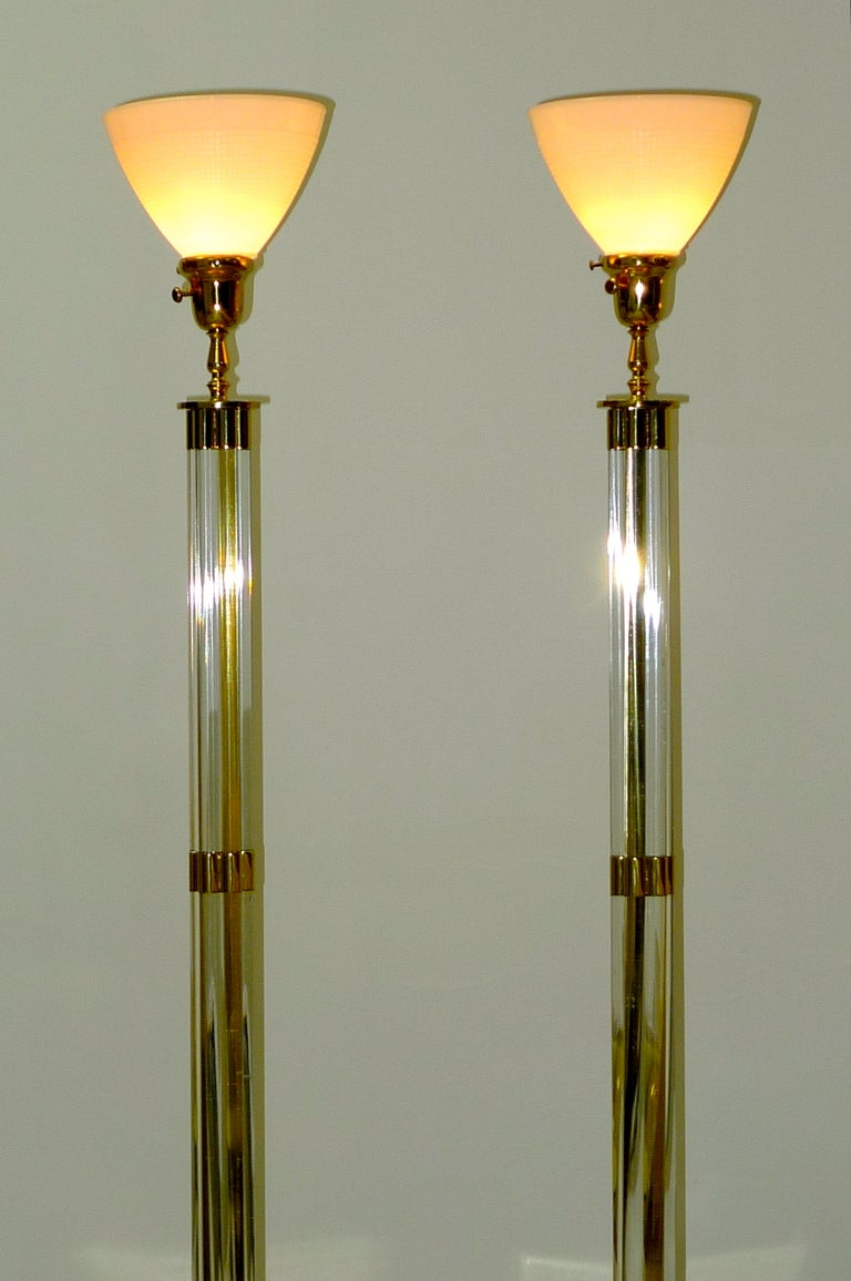 American Pair of Lucite & Brass Tochiere Floor Lamps For Sale