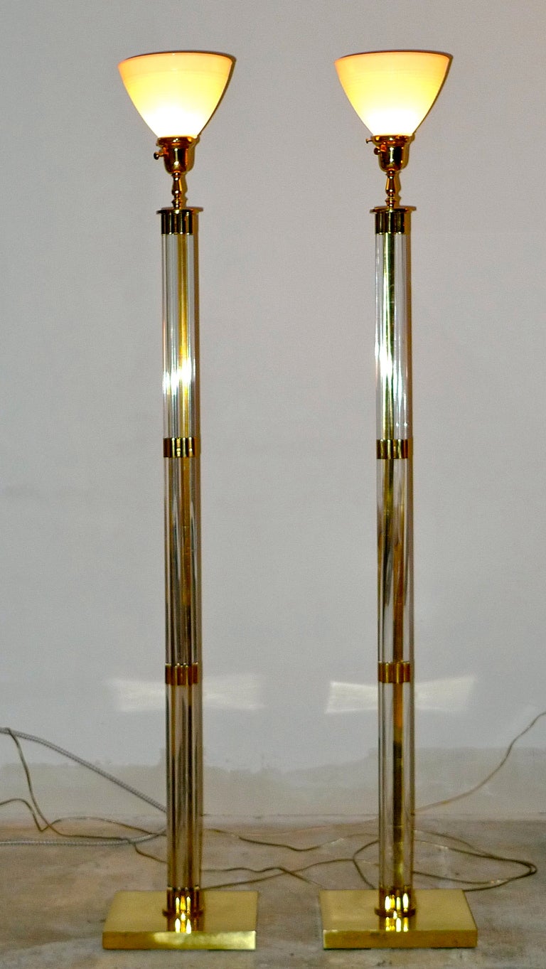 Late 20th Century Pair of Lucite & Brass Tochiere Floor Lamps For Sale
